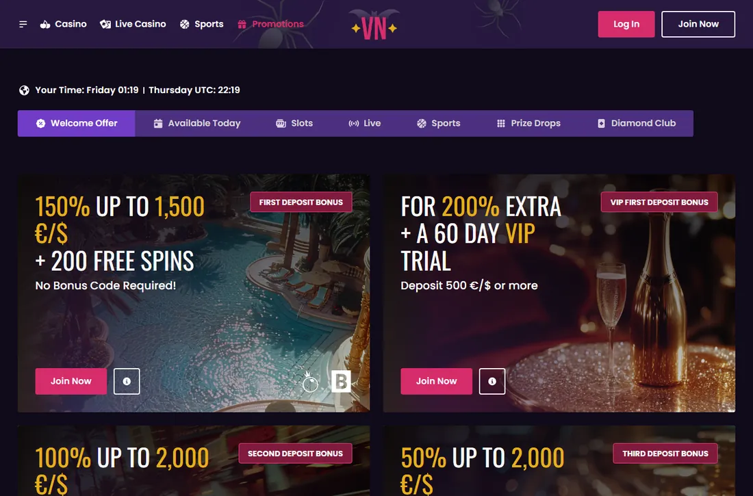 Aktionsseite von Vegas Now mit den Reitern Welcome Offer, Available Today und Slots und den Bannern zu erstem, zweitem und VIP-Einzahlungsbonus