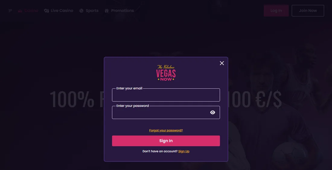 Anmeldefenster von Vegas Now mit den Feldern E-Mail und Passwort, dem Link „Forgot your password?“ und der Schaltfläche Sign In über der Startseite