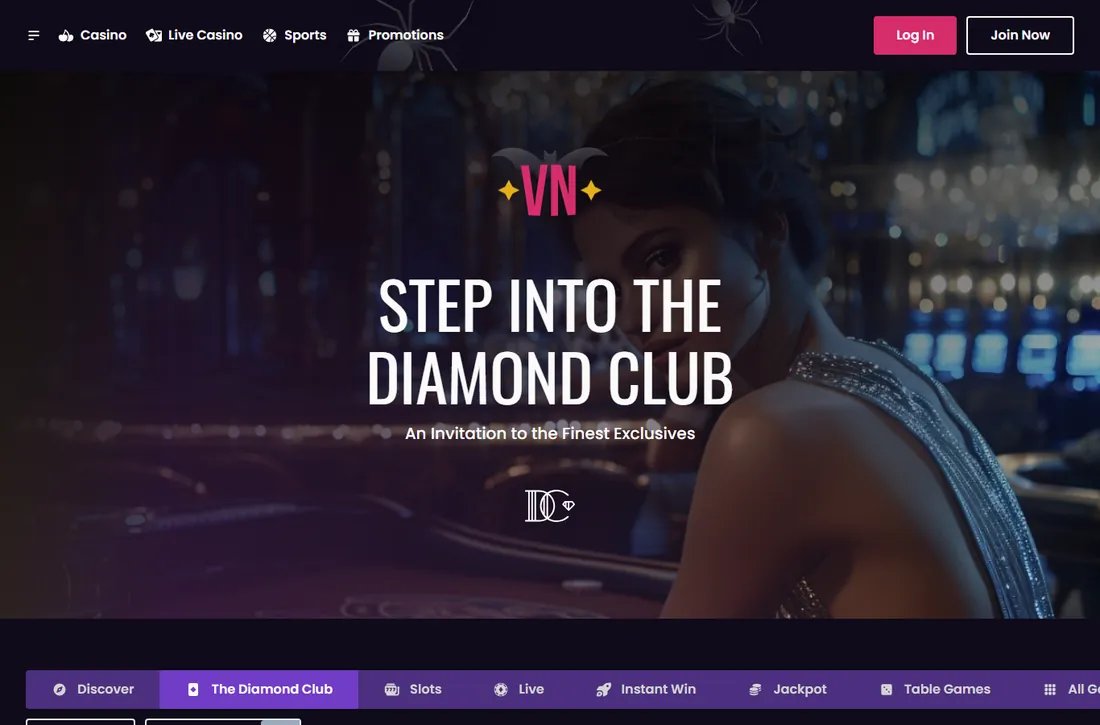 Seite des Diamond Club von Vegas Now mit der Überschrift „Step into the Diamond Club“ Seite des Diamond Club von Vegas Now mit der Überschrift „Step into the Diamond Club“