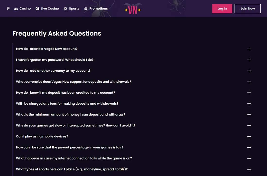 FAQ-Seite von Vegas Now mit Fragen zu Konto, Passwort, Währungen, Ein- und Auszahlung und Mindestbetrag