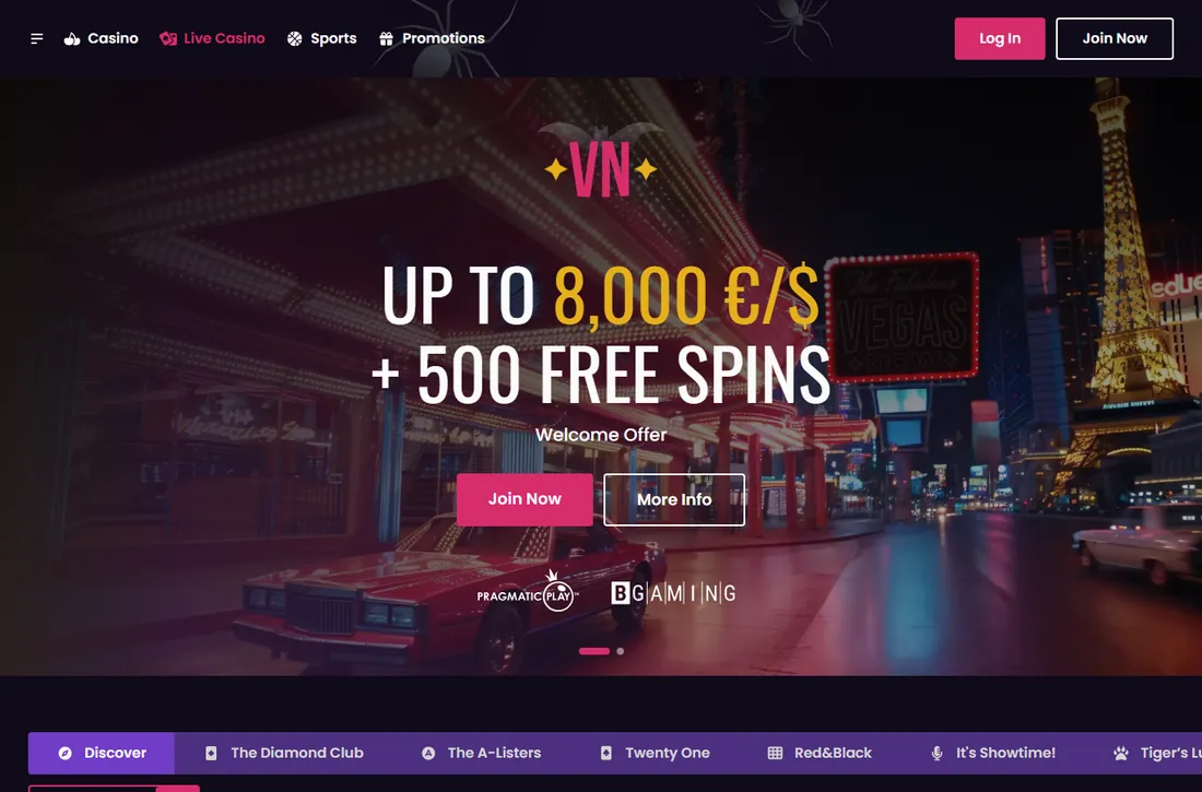 Live-Casino-Seite von Vegas Now mit dem Banner „Up to 8,000 €/$ + 500 Free Spins“ und den Reitern The Diamond Club, The A-Listers und Red&Black