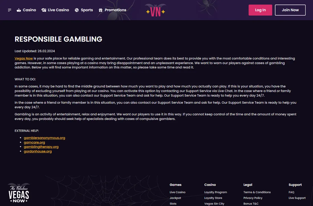 Seite Responsible Gambling von Vegas Now mit Hinweisen und Links zu Gamblers Anonymous, GamCare, Gambling Therapy und Gordon House