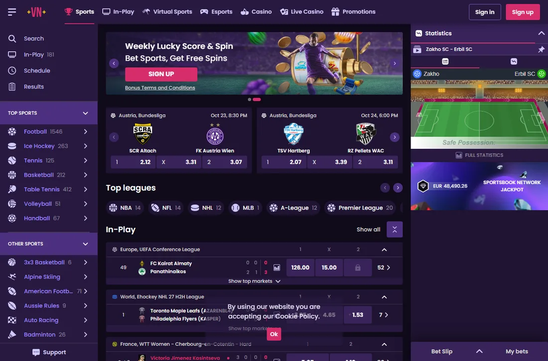 Sportbuch von Vegas Now mit der Sportliste links, den Spielen der österreichischen Bundesliga in der Mitte und dem Live-Statistikfenster rechts Sportbuch von Vegas Now mit der Sportliste links, den Spielen der österreichischen Bundesliga in der Mitte und dem Live-Statistikfenster rechts