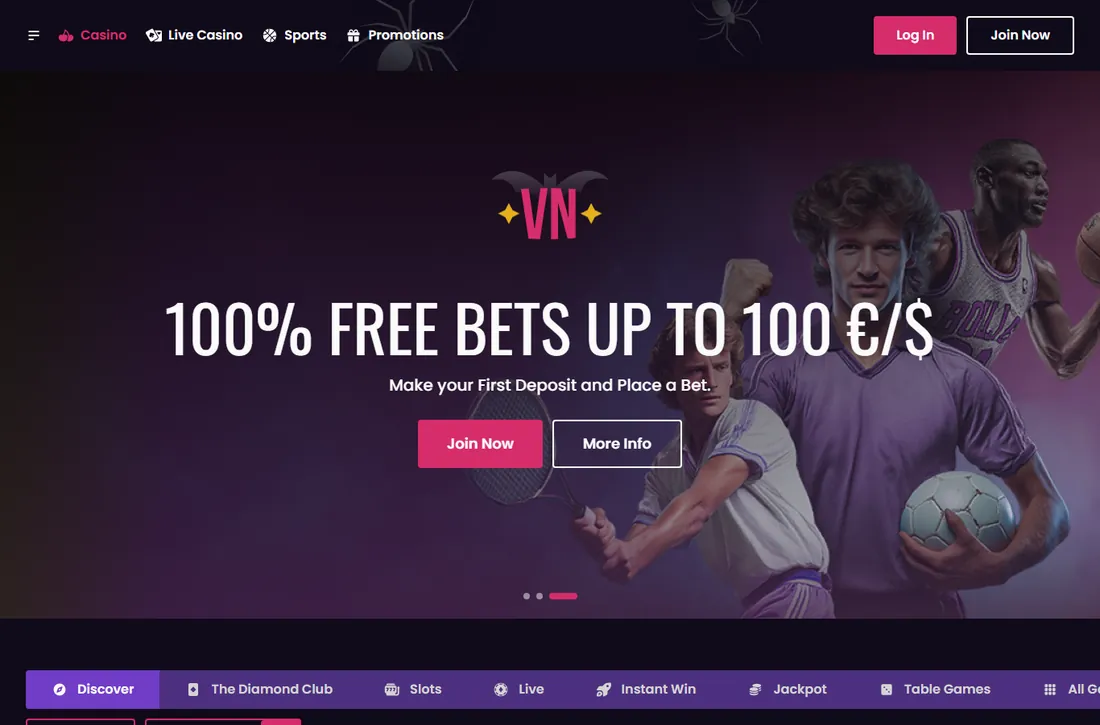Startseite von Vegas Now mit dem Sportbanner „100% Free Bets up to 100 €/$“, den Knöpfen Join Now und More Info und der Kategorienleiste darunter Startseite von Vegas Now mit dem Sportbanner „100% Free Bets up to 100 €/$“, den Knöpfen Join Now und More Info und der Kategorienleiste darunter
