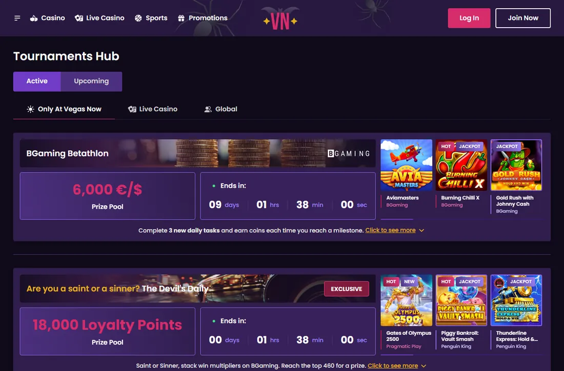 Turnierübersicht von Vegas Now mit dem BGaming Betathlon über 6.000 €/$ und einem Turnier mit 18.000 Loyalty Points