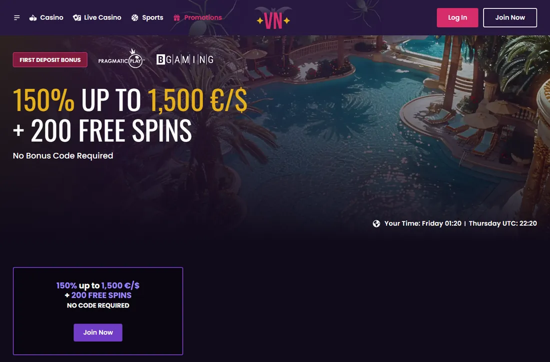 Seite zum ersten Einzahlungsbonus von Vegas Now: „150% up to 1,500 €/$ + 200 Free Spins“, No Bonus Code Required Seite zum ersten Einzahlungsbonus von Vegas Now: „150% up to 1,500 €/$ + 200 Free Spins“, No Bonus Code Required
