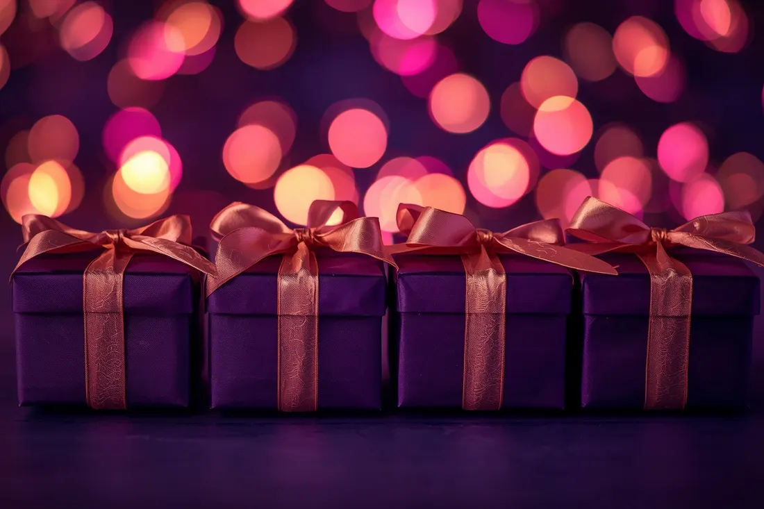 Vier violette Geschenkboxen mit Goldband Vier violette Geschenkboxen mit Goldband