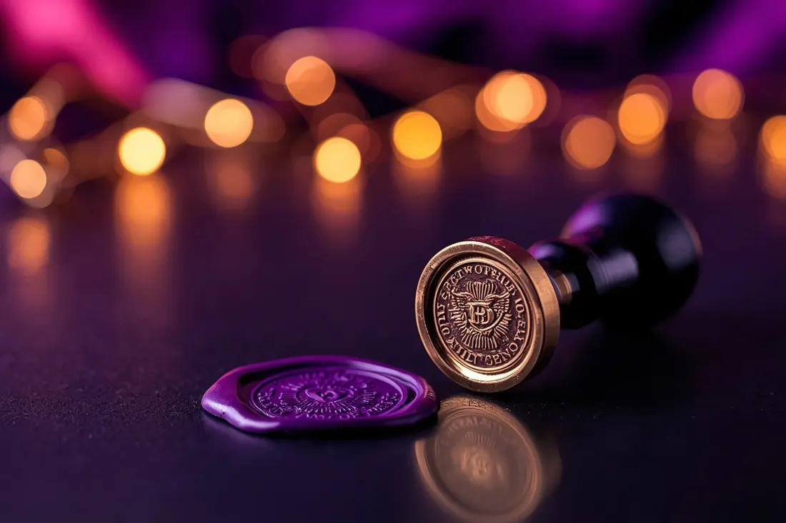Goldener Siegelstempel und violetter Siegellack